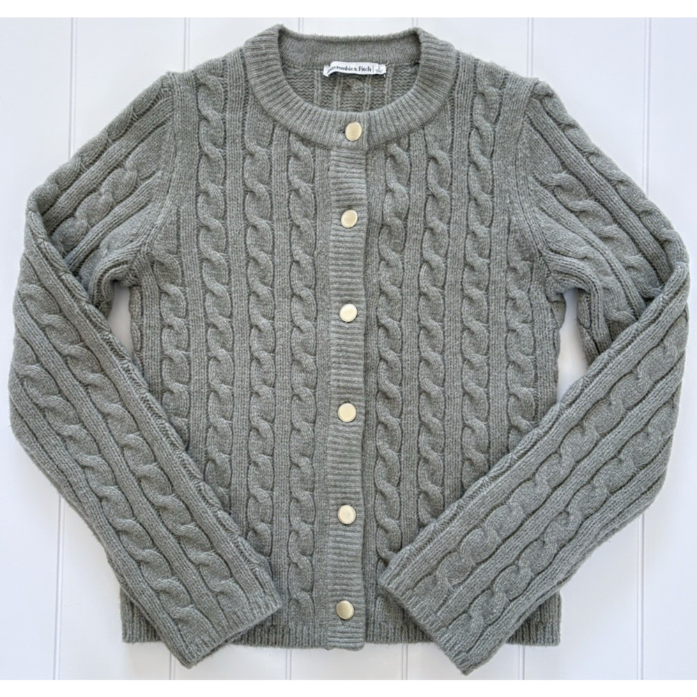 Abercrombie & Fitch Cable Crew Cardigan Sweater Olive Green Gold Buttons Cozy S - Picture 3 of 10